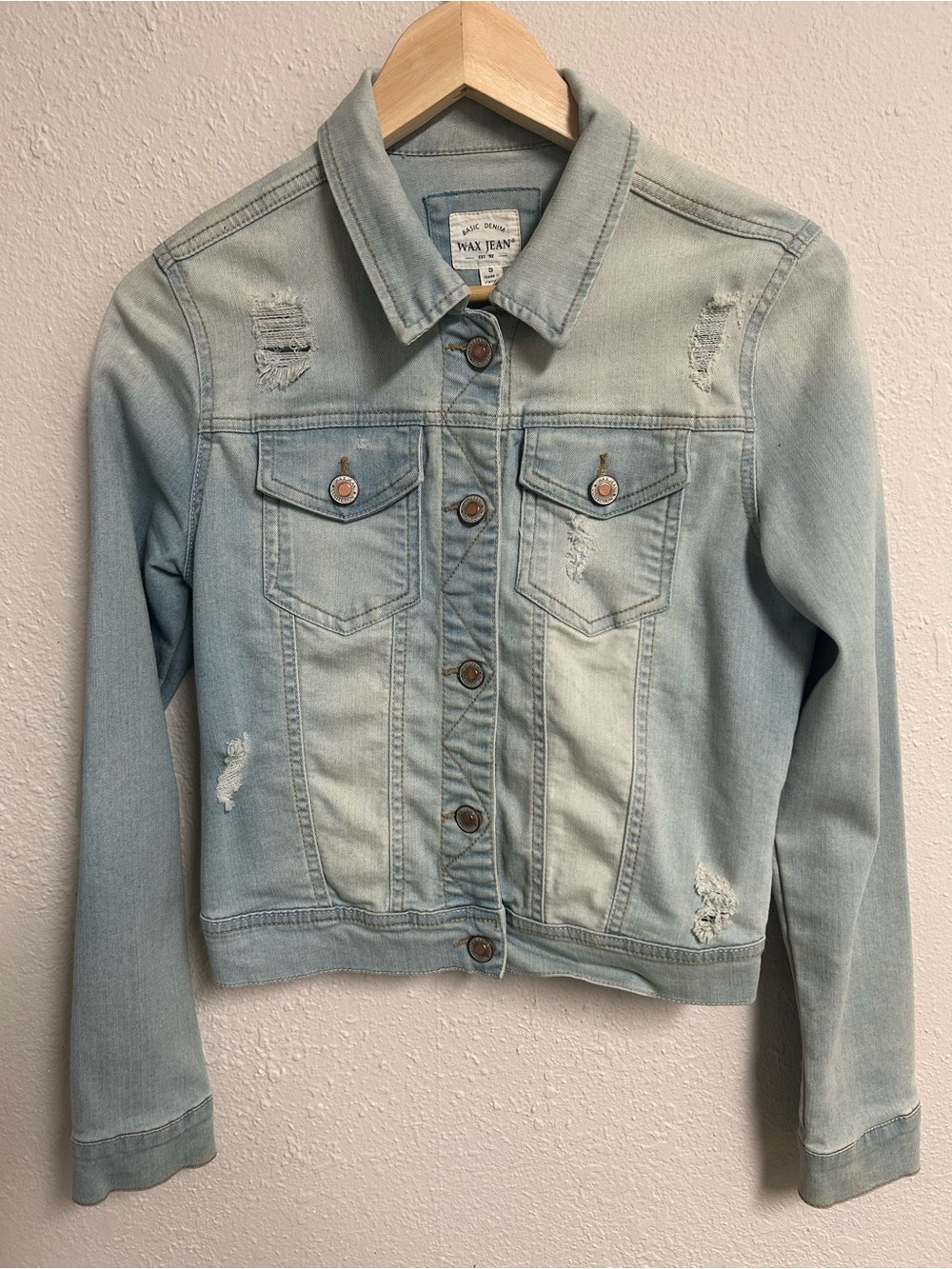 Wax Jean Basic Denim Distressed Light Wash Stretch Jean Jacket Small S